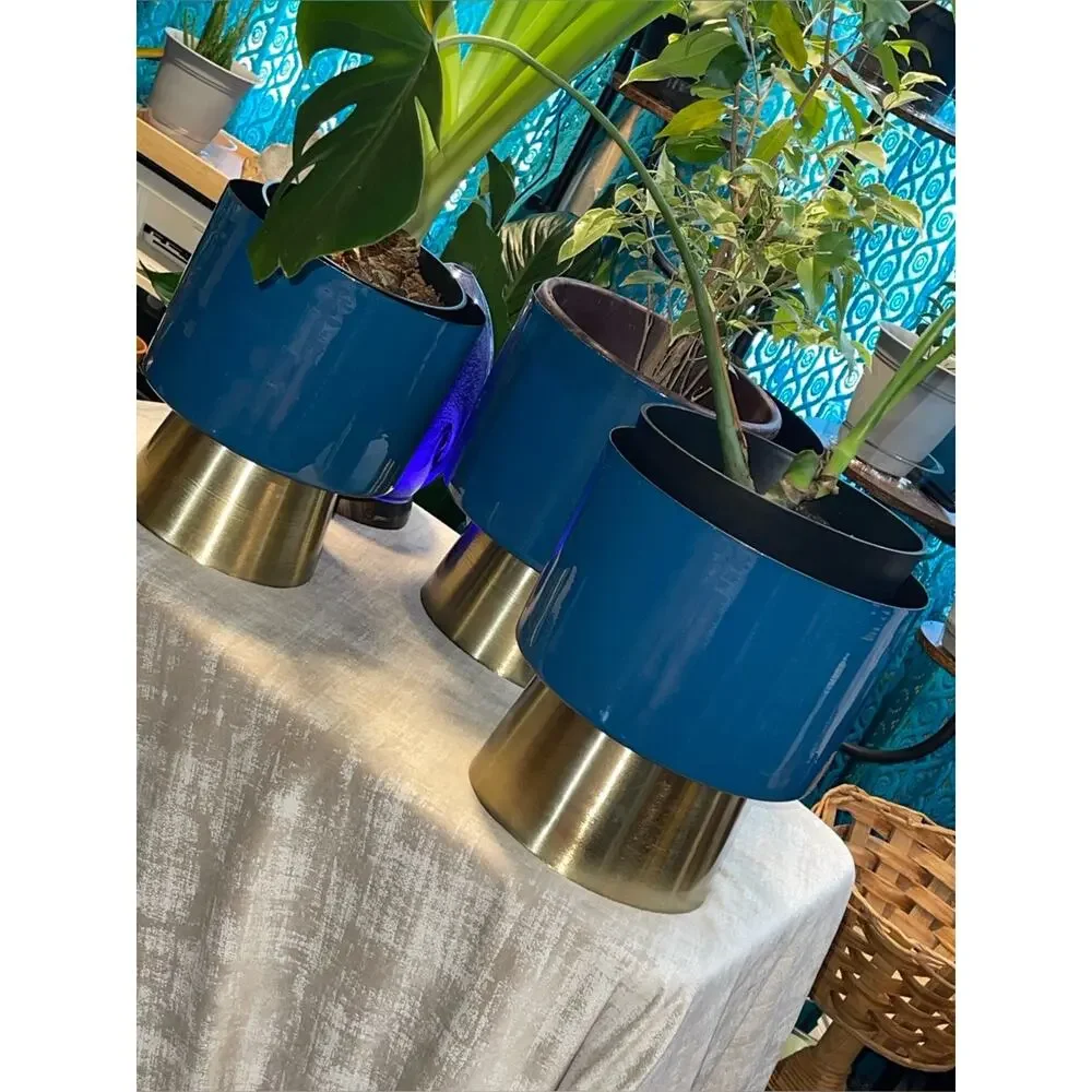 CosmoLiving NEW Blue & Gold Metal Planter 3/SET Modern Home Decor Indoor/Outdoor